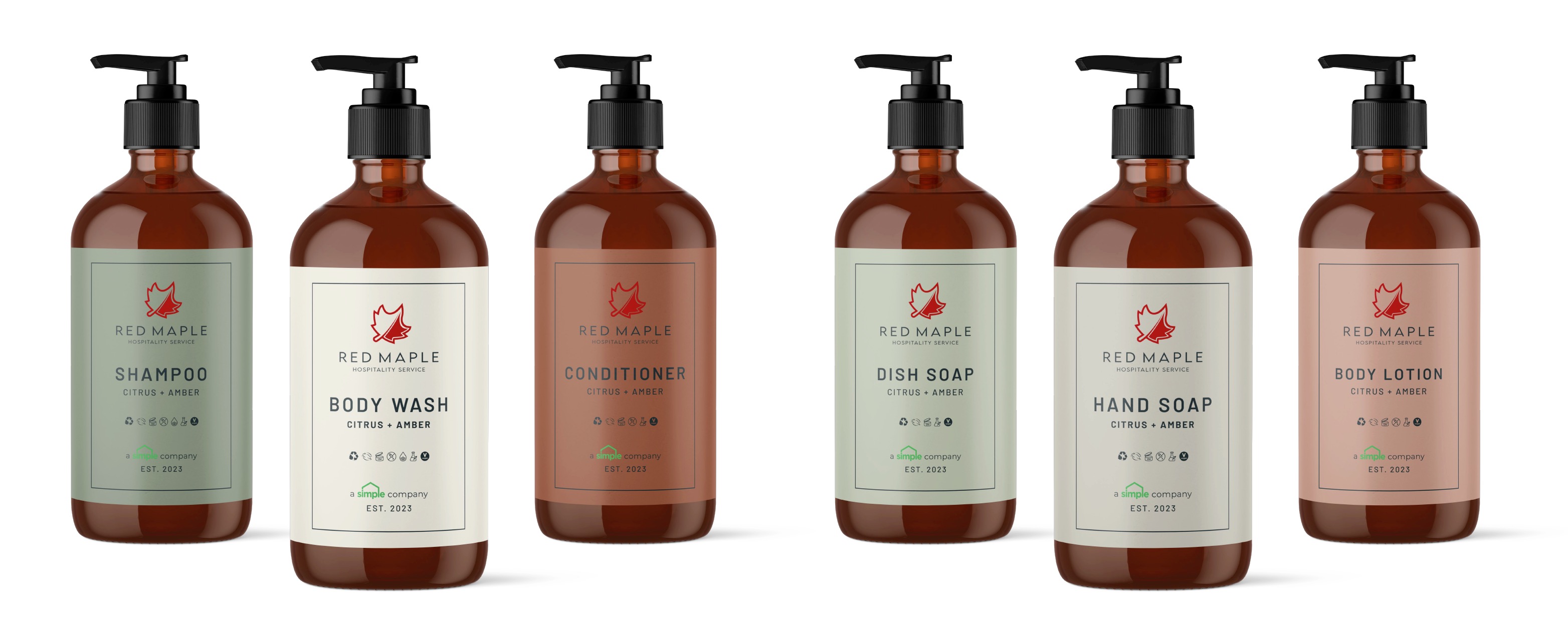 Custom Red Maple shampoo, body wash, conditioner, dish soap, hand soap, and body lotion bottles